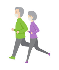 マスクを着けてジョギングする高齢の夫婦
