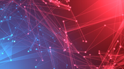 Fototapeta premium Abstract red blue polygon tech network with connect technology background. Abstract dots and lines texture background. 3d rendering.