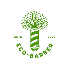 Eco Barber Logo Design Inspiration - Isolated vector Illustration on white background - Creative and Fresh logo, icon, symbol, badge, emblem combination featuring a barbershop symbol and tree