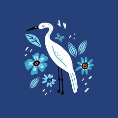 Obraz premium Egret and flowers. Cartoon hand drawn modern style bird stand and decor botanical elements, doodle colorful blue illustration, heron or stork wild animal, vector print poster or cover