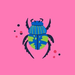 Cartoon beetle. Doodle bright colorful hand drawn bug, cute beautiful insect pink and blue colors modern decor element, vector isolated illustration, contemporary print or poster