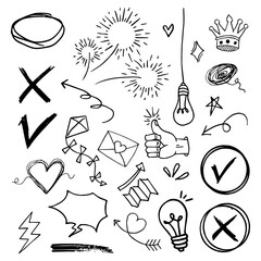 Doodle vector set illustration with hand draw line art style vector. Crown, king, sun, arrow, heart, love, star, swirl, swoops, emphasis, for concept design.