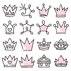 Doodle set crown line art, vector illustration.