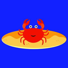 Crab on the sand on a blue background, vector illustration