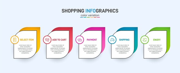 Concept of shopping process with 5 successive steps. Five colorful graphic elements. Timeline design for brochure, presentation, web site. Infographic design layout.