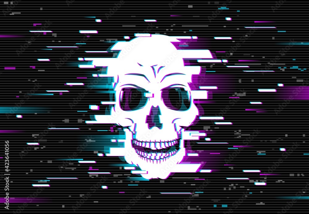 Poster Human skull on glitched screen background. Computer virus, hacker or malware software, phishing attack danger, death in internet concept with skull, digital glitch pixels and lines. Cyberpunk backdrop