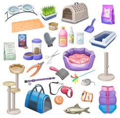 Pet shop supplies of cat care vector cartoon. Animal food, bowl and toy, grooming accessory, bed, leash and collar, carrier, house, litter, tray and brush, harness, scissors and glove isolated objects