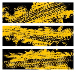 Tyre tracks, off road tire prints, grunge vector car treads, black and yellow spots and marks. Rally, motocross bike protectors, vehicle, transportation dirty wheels trace. Quality service banners set © Vector Tradition