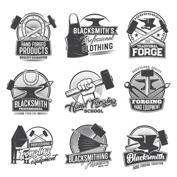 Blacksmith profession vector icons, hand forged products, clothing, traditional forge. Hand forging school, equipment hammer, stove or anvil, museum exhibition monochrome symbols horseshoe, apron set