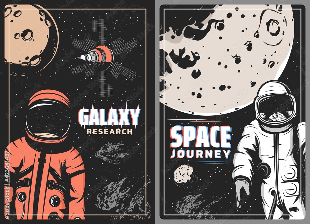 Poster galaxy research retro vector posters with glitch effect. astronaut and cosmonaut in outer space jour