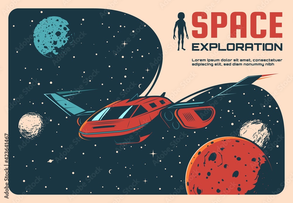 Poster space exploration adventure retro poster. future spaceship or rocket flying in outer space, solar sy