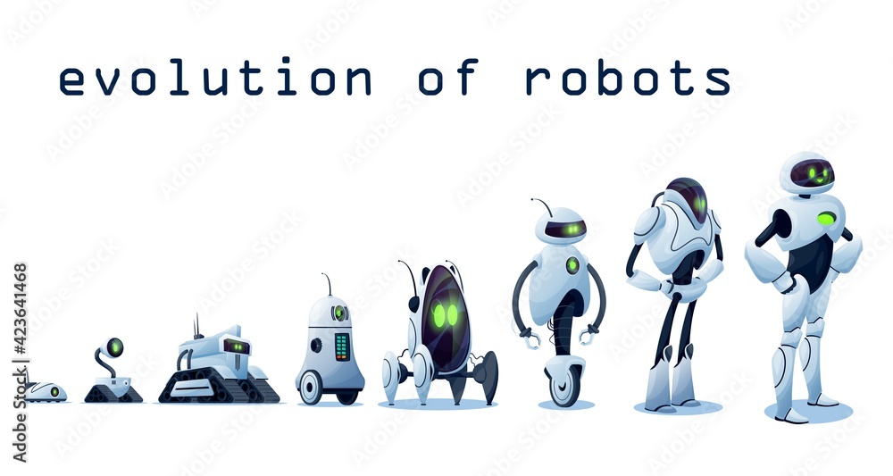 Poster robots evolution, ai android transformer bots, vector robo cybernetics technology. robots and cyborg