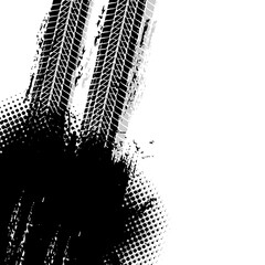 Offroad grunge vector tyre prints with dirty dotted black spot on white background. Automobile protector track, rally trace, motocross tires pattern, off road grungy trails with stain textured design © Vector Tradition