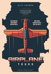Airplane tours, plane jet travel and aircraft journey, vector retro vintage poster. Air trip with pilot guide, vacation voyage and private flight on propeller airplane, aviation tourism adventure © Vector Tradition