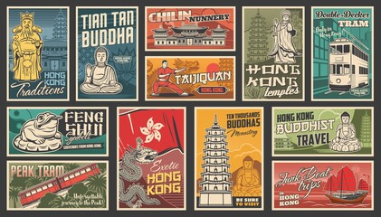 Hong Kong travel vector Chinese landmarks. Dragon, traditional ancient pagoda building architecture, buddha statue and Hongkong flag with orchid, temple and feng shui frog. Asian tourism retro posters - obrazy, fototapety, plakaty