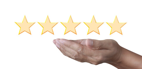 Hand of touching rise on increasing five stars. Increase rating evaluation classification concept