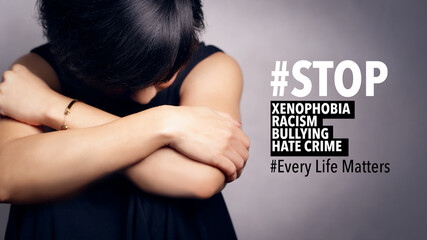 Stop asian hate hashtag, Typography design of Against Anti-AAPI, Xenophobia, racism, Bullying, Hate...