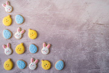 Flat Lay Easter Cookies from Above with Copy Space on light background