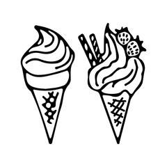 A set of two ice cream cones, one decorated with strawberries. Vector outline hand drawn illustration in doodle style