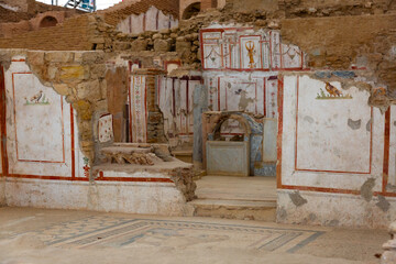 Ruins of antique terrace houses at Ephesus with views fresco painting on walls and floor mosaics,...