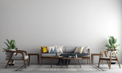 Modern cozy mock up decoration interior design of living room and white empty wall texture background,3D rendering