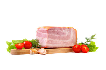 Smoked pork belly, bacon, ham on a wooden chopping board. White isolated background.