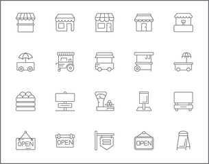 Set of vendor and store line style. It contains such Icons as shop, sign board, shopping, street food, vendor booth, food cart, market and other elements. customize color, easy resize.