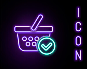 Glowing neon line Shopping basket with check mark icon isolated on black background. Supermarket basket with approved, confirm, tick, completed symbol. Colorful outline concept. Vector