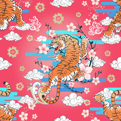 Seamless Pattern Double Tiger Roaring with Sakura Flowers Surround on Horizontal Gradient Cloud with Water Splash and Curvy Cloud on Gradient Pink Background Vector Design Template for Wrapping Paper