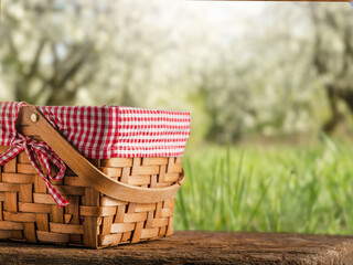 picnic basket on the background of the garden.Concept of rest and summer mood.