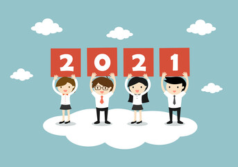Business concept, Businessmen and business women holding '2021' letters, New year concept. Vector illustration.