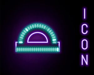 Glowing neon line Protractor grid for measuring degrees icon isolated on black background. Tilt angle meter. Measuring tool. Geometric symbol. Colorful outline concept. Vector