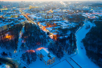 Scenic aerial view of snow covered Ryazan cityscape at winter twilight, Russia