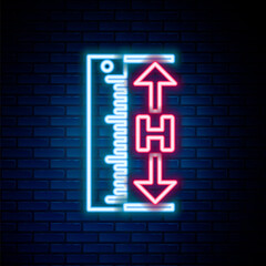 Glowing neon line The measuring height and length icon isolated on brick wall background. Ruler, straightedge, scale symbol. Colorful outline concept. Vector