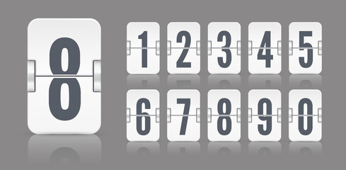 White flip mechanical score board numbers with reflections on dark background. Vector template for time counter or web page timer