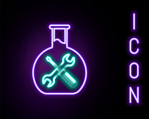 Glowing neon line Bioengineering with screwdriver and wrench icon isolated on black background. Adjusting, service, setting, maintenance, repair, fixing. Colorful outline concept. Vector