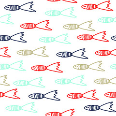 Seamless pattern with fishes in the style of doodle. 