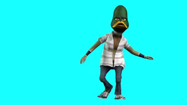 Funny and cute 3d animated cartoon duck dressed in clothes dances.