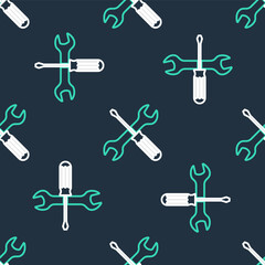 Fototapeta premium Line Crossed screwdriver and wrench tools icon isolated seamless pattern on black background. Service tool symbol. Vector