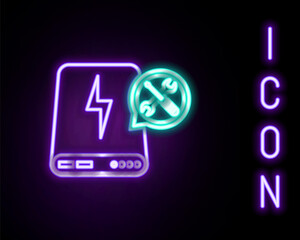 Glowing neon line Power bank with screwdriver and wrench icon isolated on black background. Adjusting, service, setting, maintenance, repair, fixing. Colorful outline concept. Vector