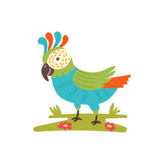 Vector bright parrot walking on green grass