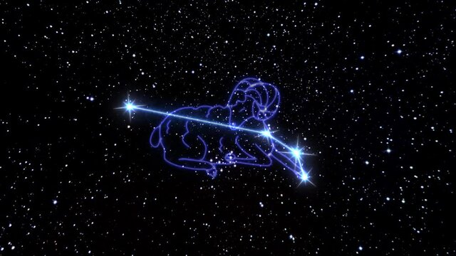 The zodiac sign Aries is a constellation of bright stars connected by luminous lines. Animation of the star sign of the zodiac in the cosmic night sky. The symbol of the constellation and horoscope.