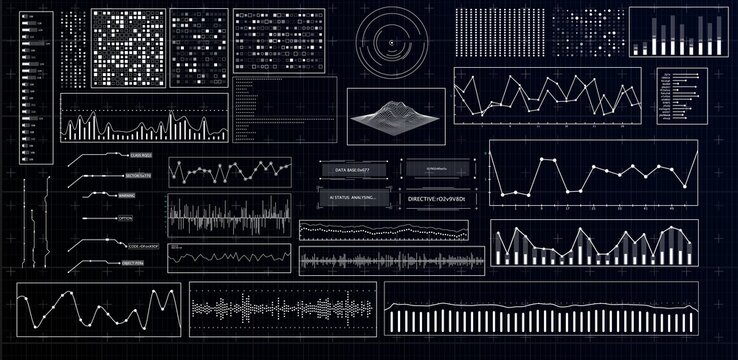 HUD futuristic interface. Hitech display with infographic elements. Dashboard with chart, diagram, line, graphic and data.