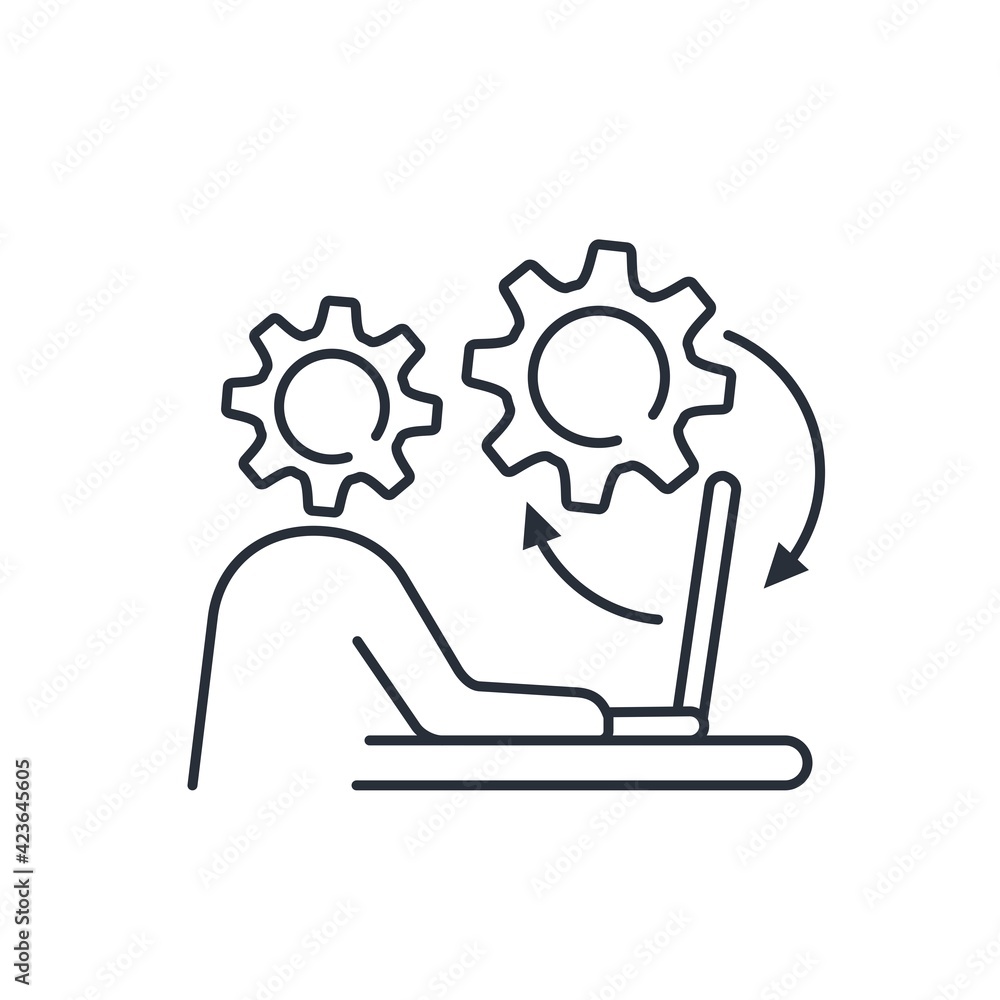 Poster businessman with laptop. specialist in the field of computer technology. vector linear icon isolated