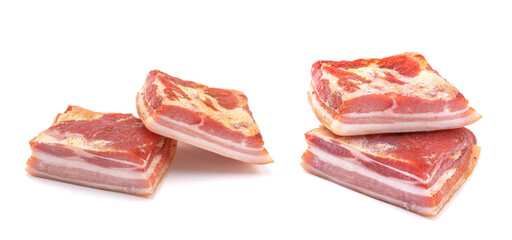delicious homemade raw-smoked, cured bacon, lard, isolated on a white background.