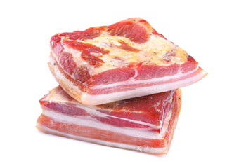 delicious homemade raw-smoked, cured bacon, lard, isolated on a white background.