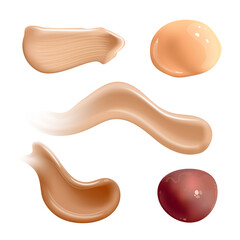 Set of realistic cosmetic cream smears. Skin toner of different body colors. Lotion smooth smear isolated vector texture on white background.