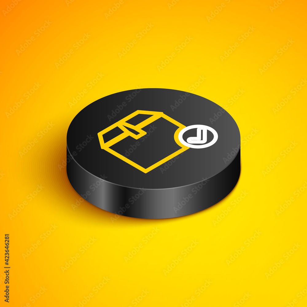 Poster isometric line package box with check mark icon isolated on yellow background. parcel box with check