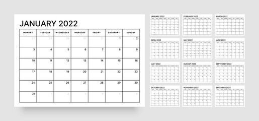 Monthly calendar for 2022 year. Week Starts on Monday.
