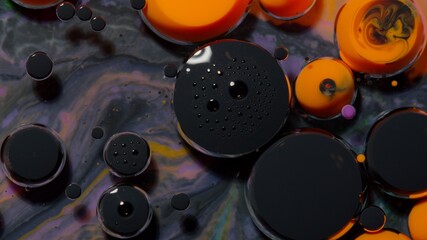 Top view movement of oil bubbles in slow motion. Multicolored surface background. Fantastic universe structure of colorful moving black orange bubbles. Artistic image of ink drops floating on water